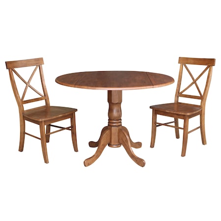 International Concepts Round 42 in Dual Drop Leaf Table, 2 X-Back Chairs, Distressed Oak, 42 in W, 42 in L, 29.5 in H K42-42DP-C613P